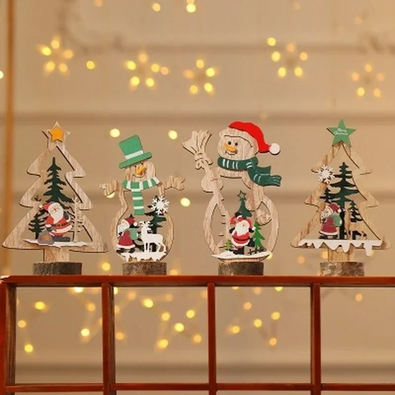 Wooden Snowman Christmas Tree Desktop Painted Hollow Wood Assembled Decorations Home Bar Xmas Table Ornaments Decor Crafts