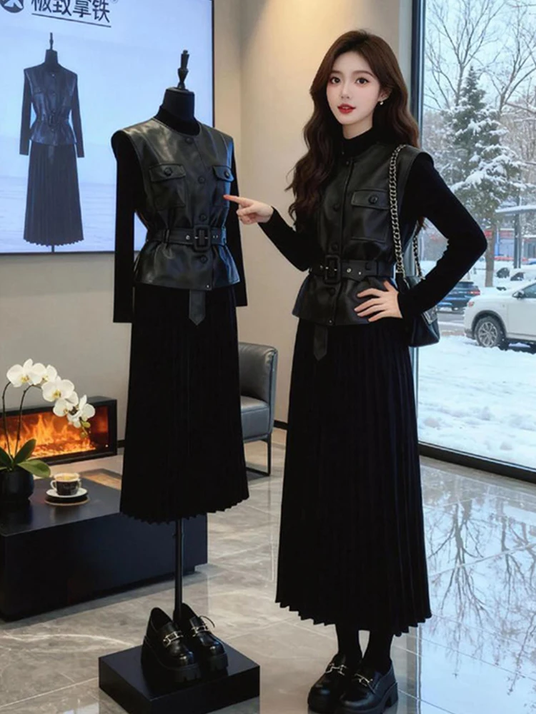 

plus Size Women's PU Leather Vest And Pleated Dr Set Autumn Winter Faion Unique Layering Casual Sle round Ne Long Sl...