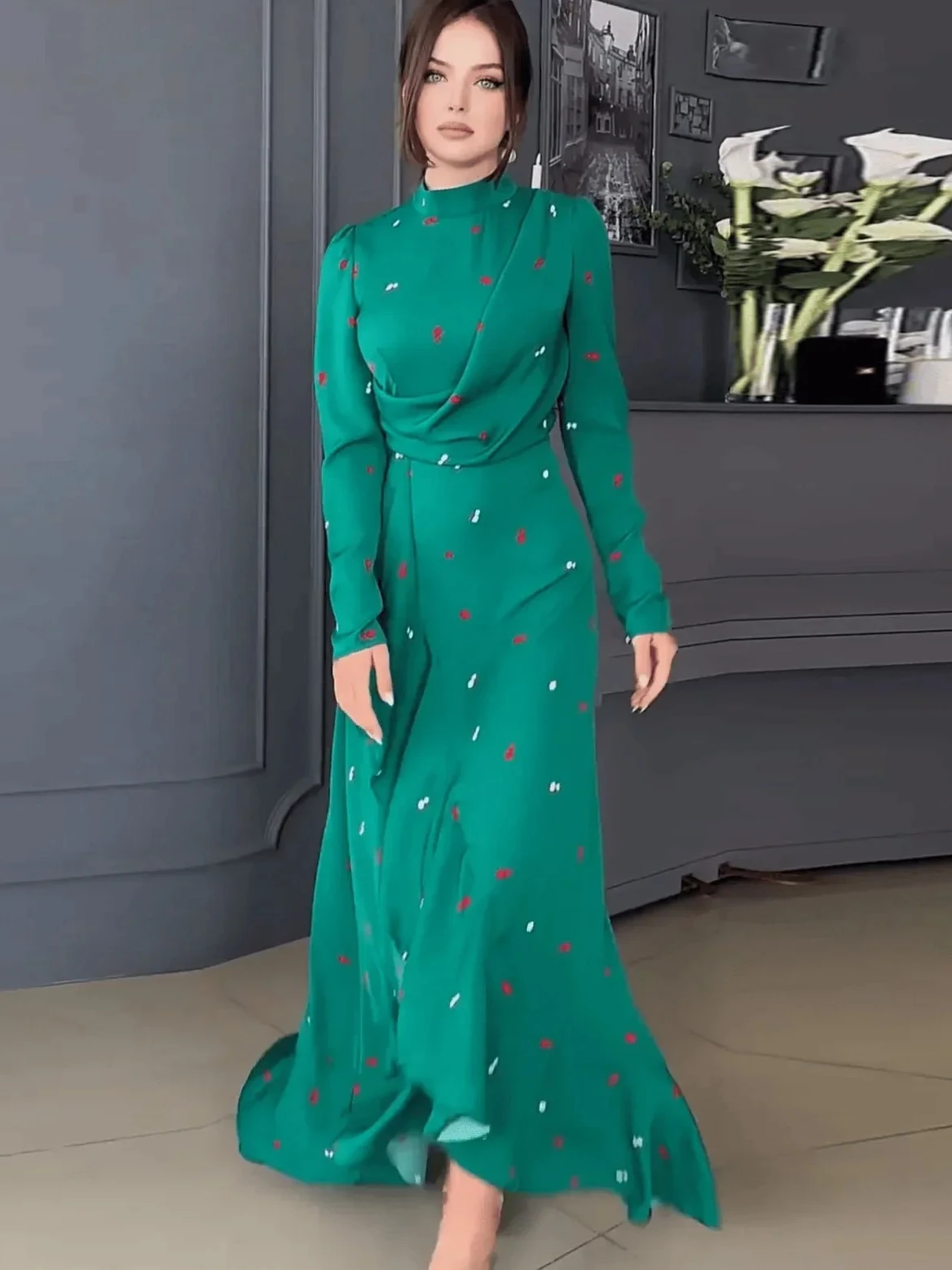 Femmes Eid robes musulmanes Abaya ourlet à volants col roulé imprimé Ramadan marocain magnifique robe de soirée caftan arabe robes coupe ajustée