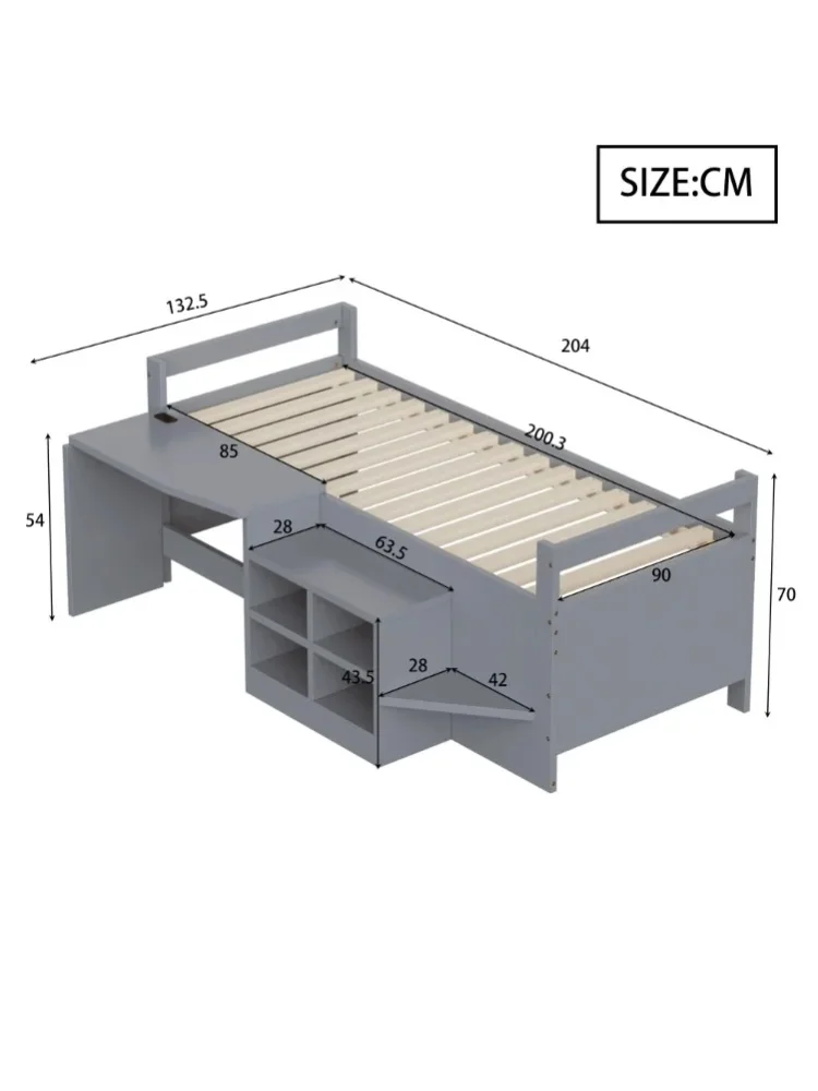 Graues Kinder-Einzelbett aus Massivholz 90*200 cm mit Staufächern, integriertem Schreibtisch, multifunktionales Haushalts-Schlafmöbel für den Innenbereich, Schlafzimmerbett für Teenager zum täglichen