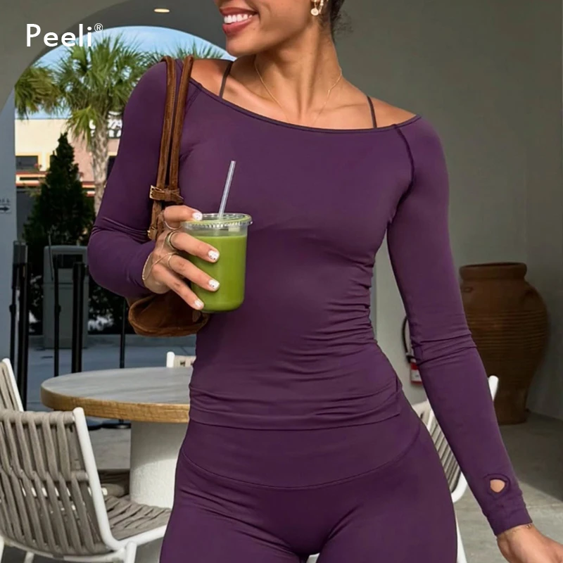 Long Sleeve Yoga T Shirts Women Off Shoulder Gym Top Seamless Slim Yoga Clothes Running Drying Fitness Sports Tops Breathable