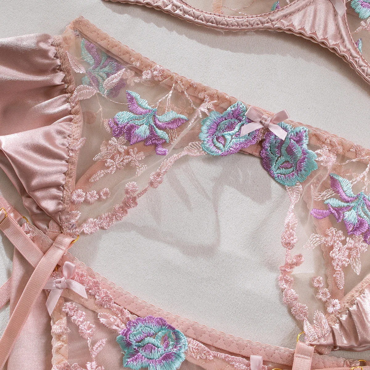 Lencería Sensual para mujer, ropa interior de seda transparente Floral elegante, liguero transparente, conjuntos exótico