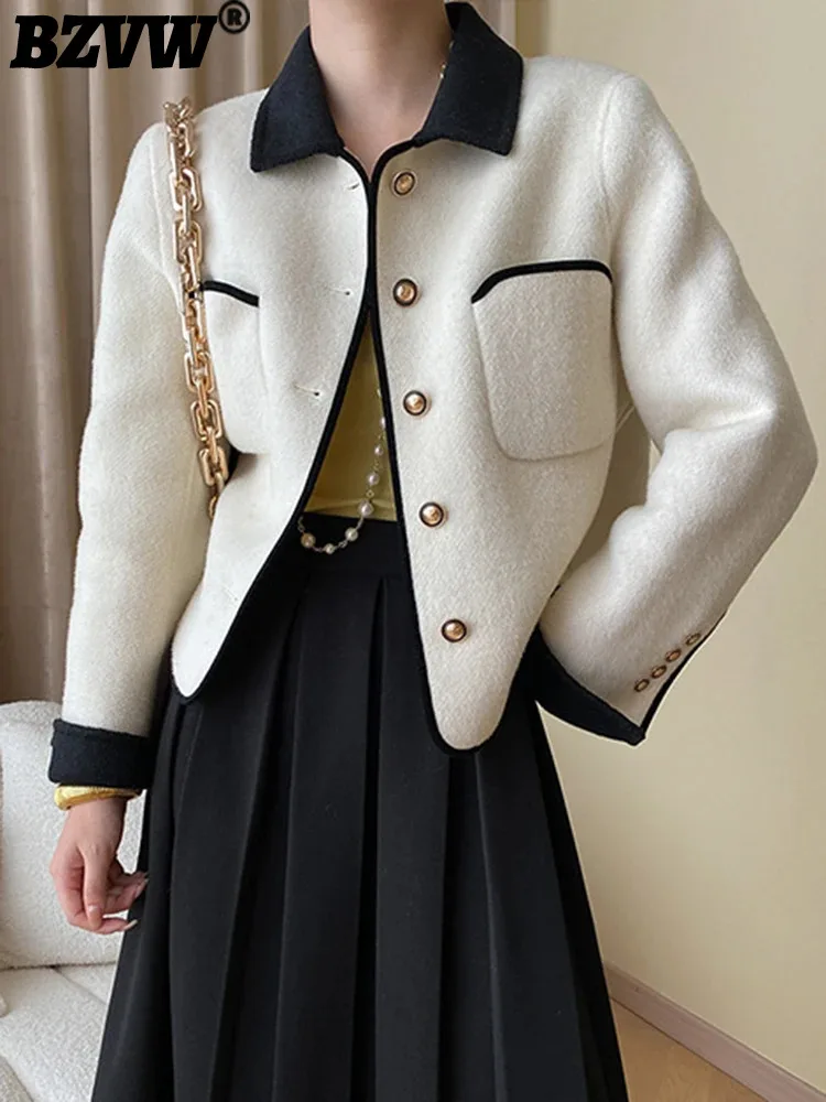 

BZVW Wool Double-sided Woolen Coat For Women Lapel Single Breasted Contrast Color Pockets Design Coat 2024 Autumn New 25A717