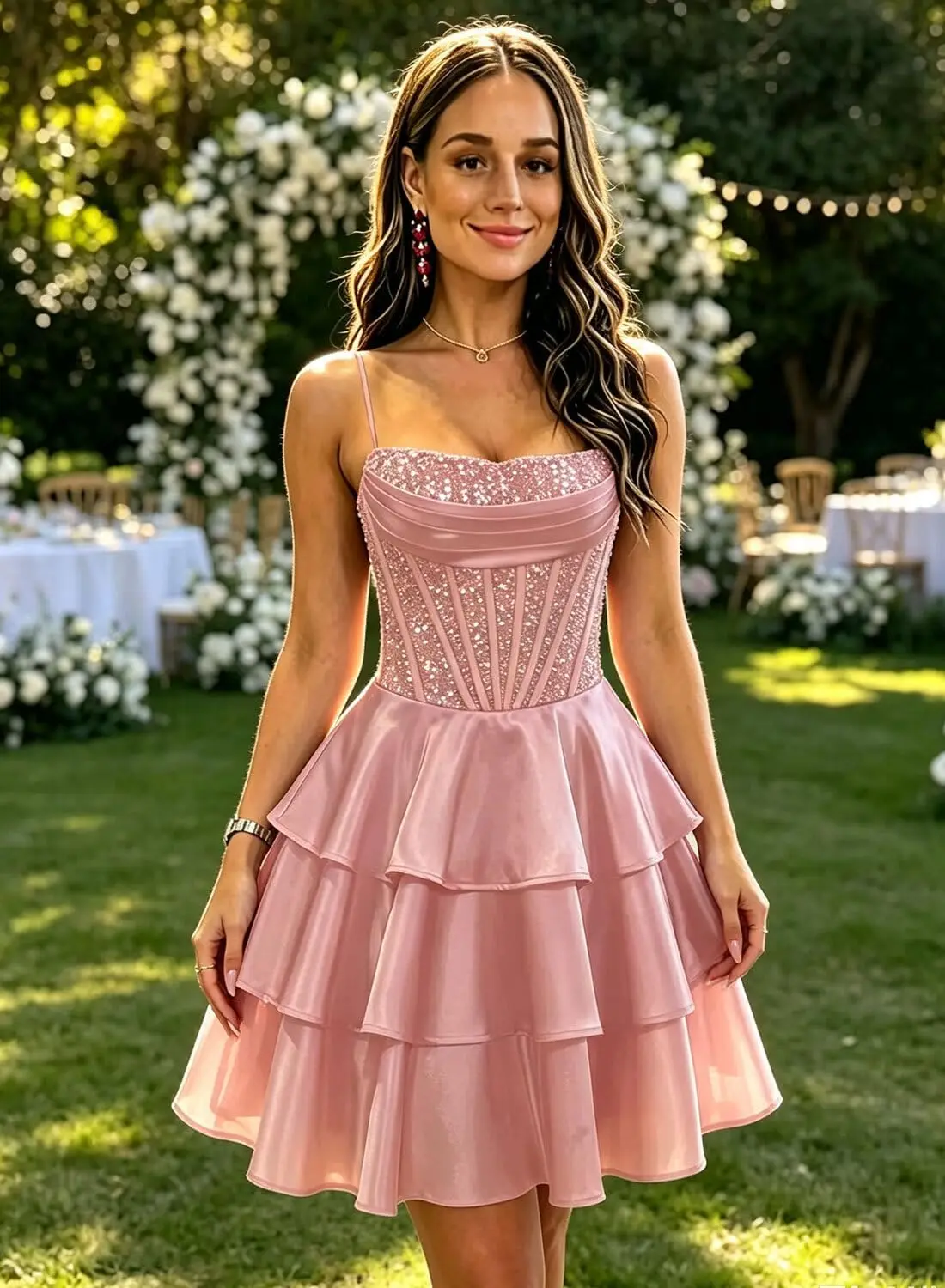 Spaghetti Straps Sequin Tiered Satin A Line Homecoming Dresses for Teens Cocktail Short Prom Dress Graduation Party Dresses