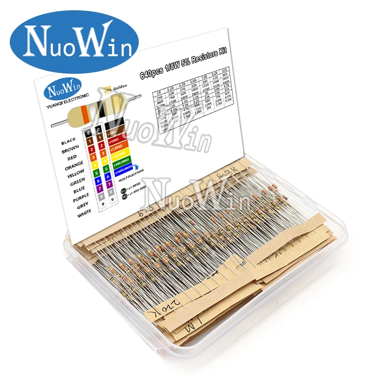 640pcs/Lot 1/8W Carbon Film Resistor Kit 5% Resistance Assorted Set 64valuesX10pcs 1R - 10M ohm 0.125W Sample Pack