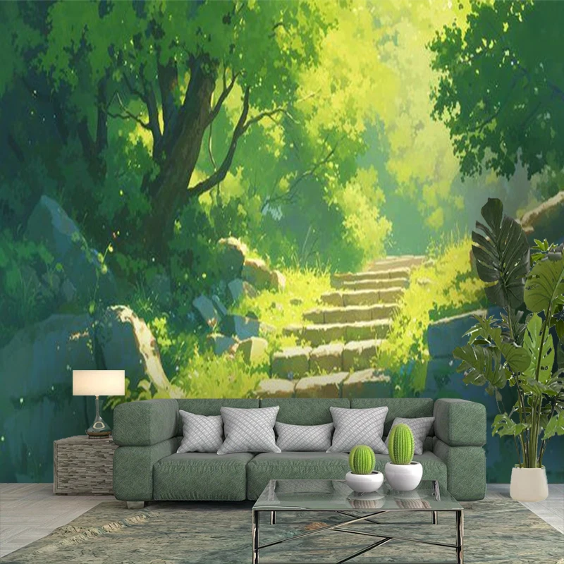 1PC Forest Stone Path Anime Scenery Print Backdrop Banner, Bedroom Living Room Photo Background, Polyester, Home Decor, Wall Art