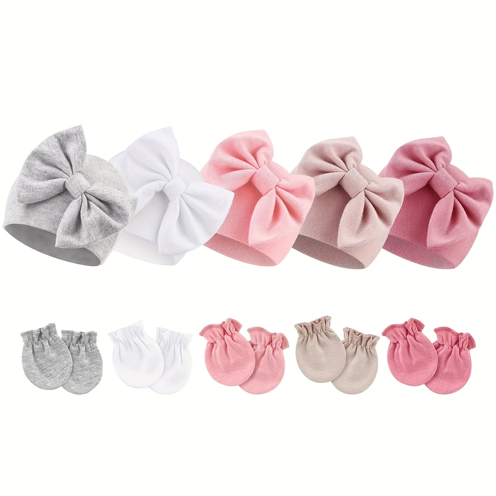 

10Pcs Newborn Baby Girl Hat and Mitten Set – Hospital Beanie with Bow and Cotton Gloves for Infants 0-6 Months
