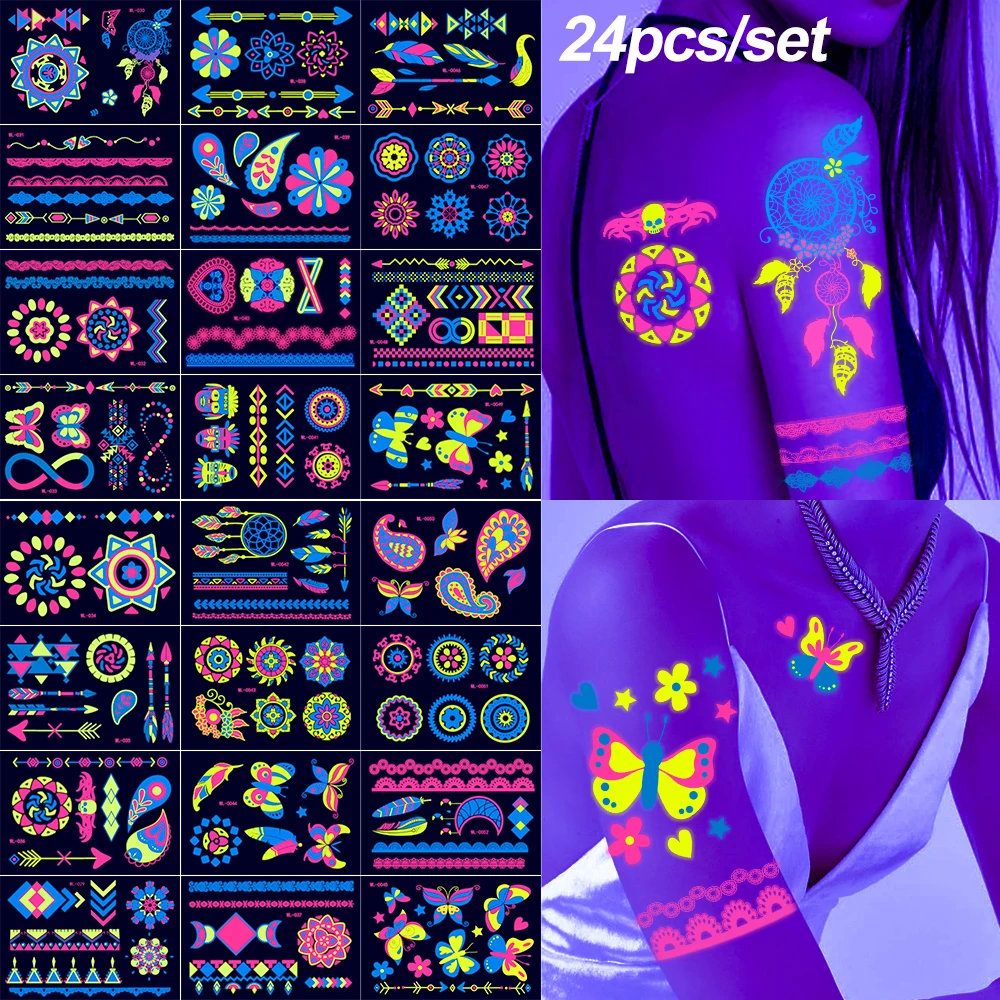 12/24Pcs Fluorescent Face Body Tattoo Sticker Butterfly Love Heart Flower UV Light Glowing Neon Tattoo For Bar/Party/Music