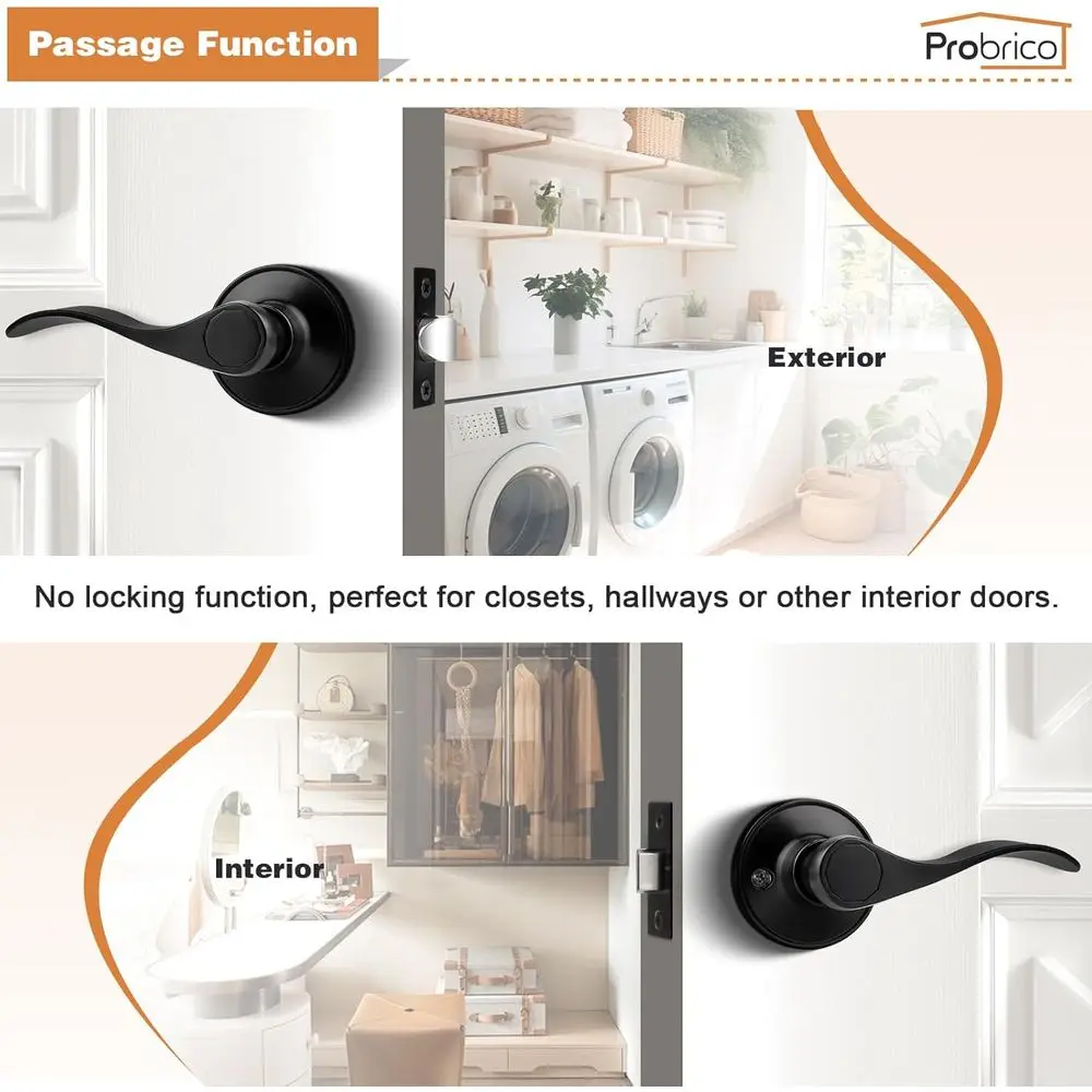 Matte Black 3-Pack Interior Door Levers, Keyless Hallway & Closet Handles, Reversible Wave Design