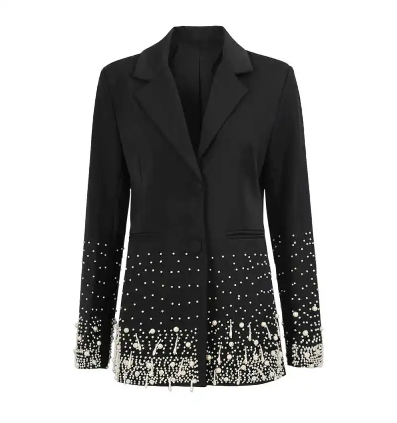 Traje de mujer a la moda, chaqueta adornada de 1 pieza con solapa con muescas, cuentas de perlas, fiesta de noche, graduación, ocasión especial personalizada