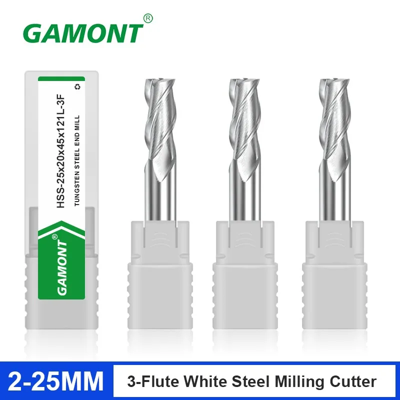 GAMONT HSS 3-Flute White Steel Milling Cutter CNC Mechanical Processing Center Special Straight Shank Flat End Mill Tool