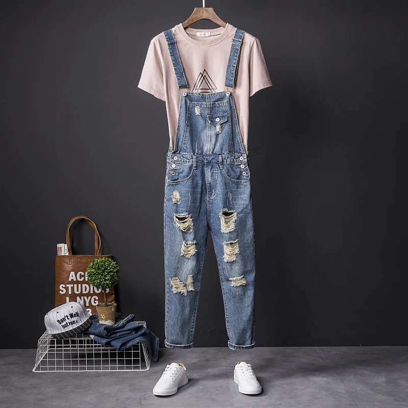 

Summer Couples Matching Washed Denim Nine-Piece Slim Fit Overalls Pants Korean Style Casual Jeans Trousers for Youth