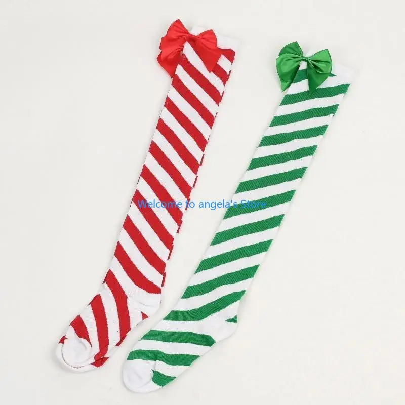 X4YC 女性カラフルなストライプオーバーニーロングソックス毛皮のようなトップ腿の高ストッキングクリスマスコスプレ衣装アクセサリー
