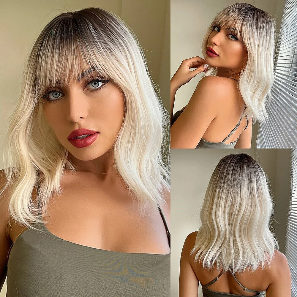 

Platinum Blonde Curly Wigs With Bangs Daily Party Costume Heat Resistant Wig