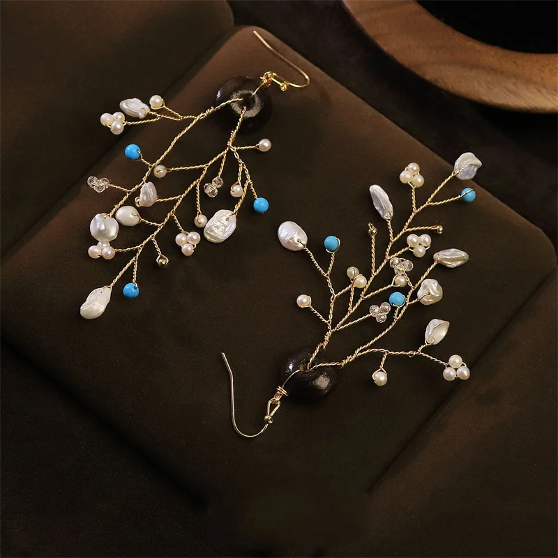 Luxury Freshwater Pearl Wrapped Wire Wooden Turquoise Hook Earrings Jewelry For Women Long Tassel Drop Dangle Earrings Gifts