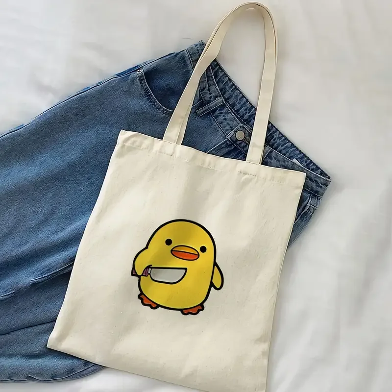 

1pc Cute Duck Print Canvas Tote Bag Fun Quote Duck Print Bag- Spacious and Durable for Shopping, Travel, Picnics, and Parties