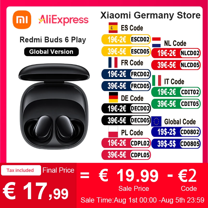 Xiaomi-auriculares inalámbricos Redmi Buds 6 Play versión Global, Bluetooth AI, reducción de ruido, BT5.4, Control táctil, 5 modos EQ