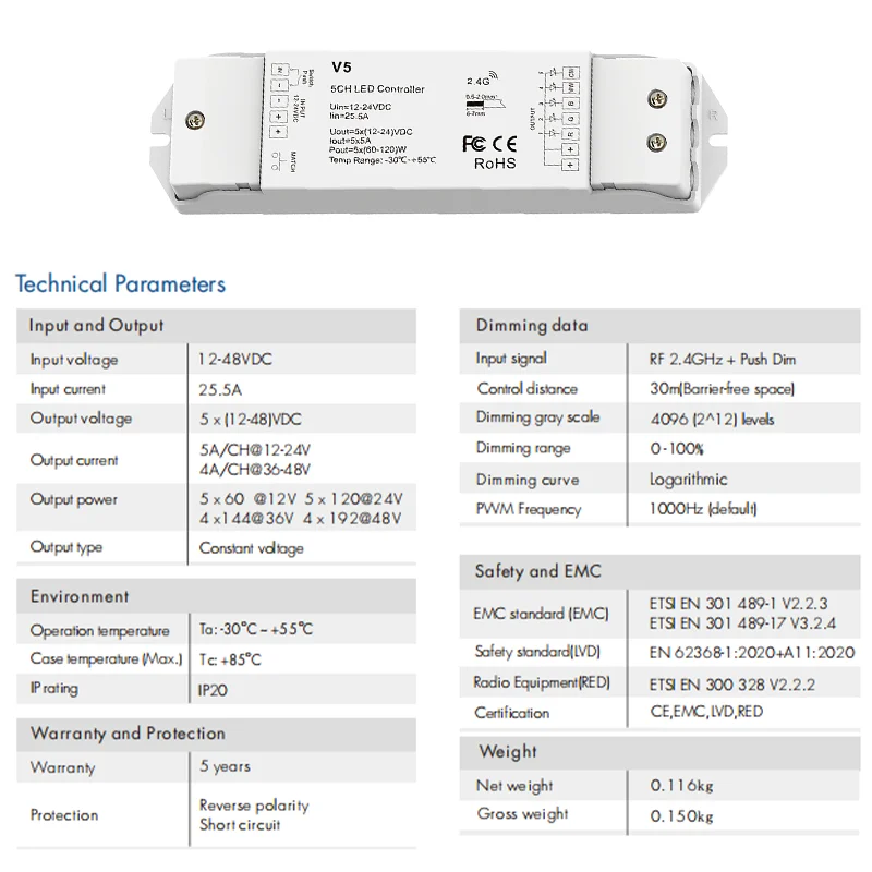 RGB CCT LED Controller V5 DC 12-48V 2.4G RF Smart Life 5 in 1 Single Color RGBW RGB CCT Strip Light LED Wireless Remote Control