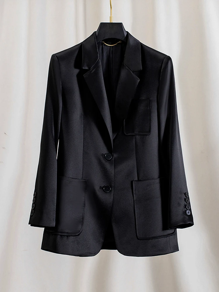 

Black Acetate Satin Loose Outerwear Suit for Women High Version Spring Autumn Luxury Feel Commute Business Casual Long Sleeve