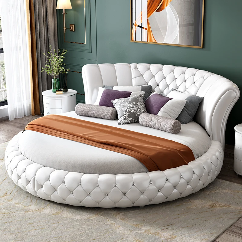 

Large round bed European modern simple double leather theme Princess couple hotel round bed