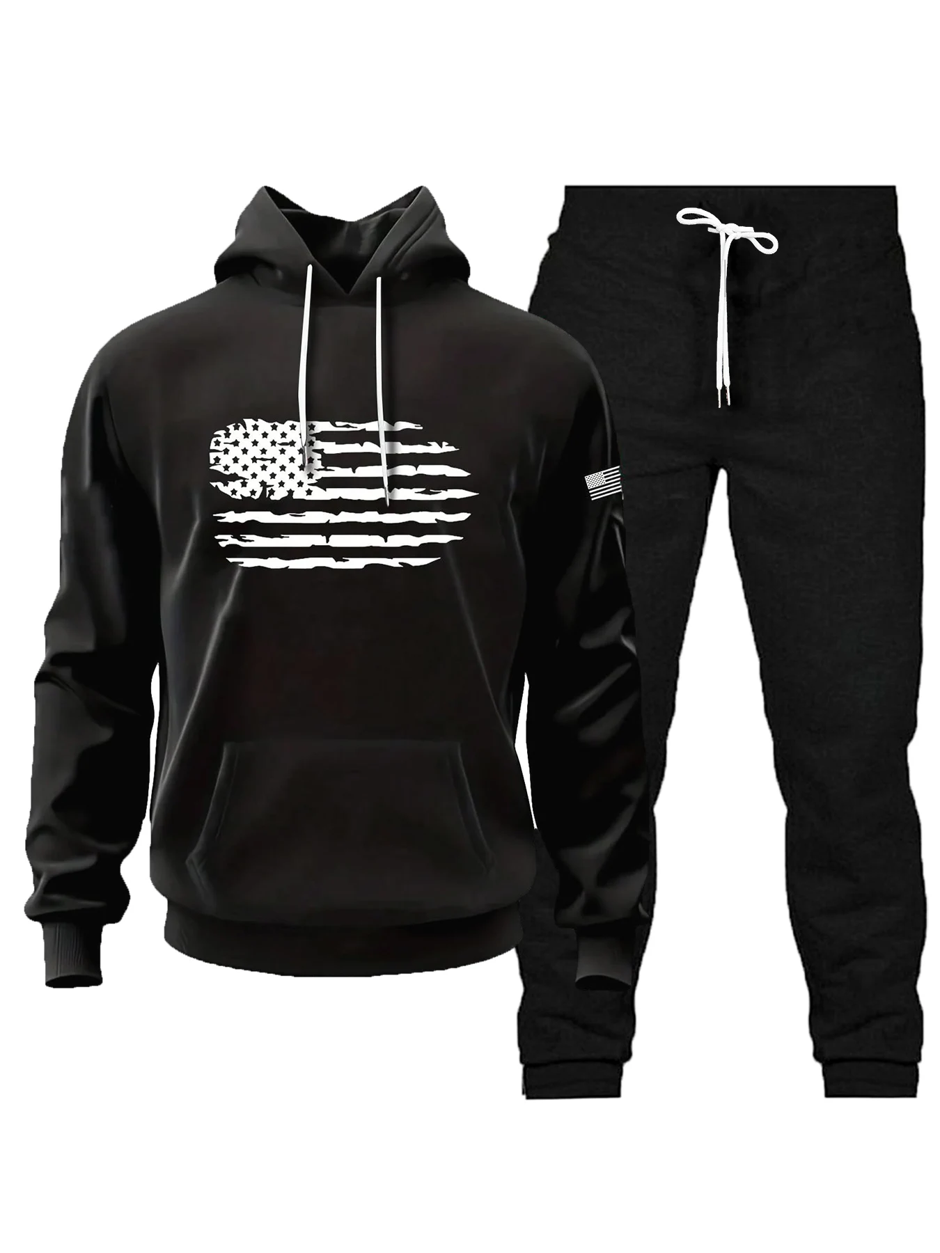 

Men's Casual Sport Set Black American Flag Print Hooded Top & Jogger Sweatpants 2 Piece