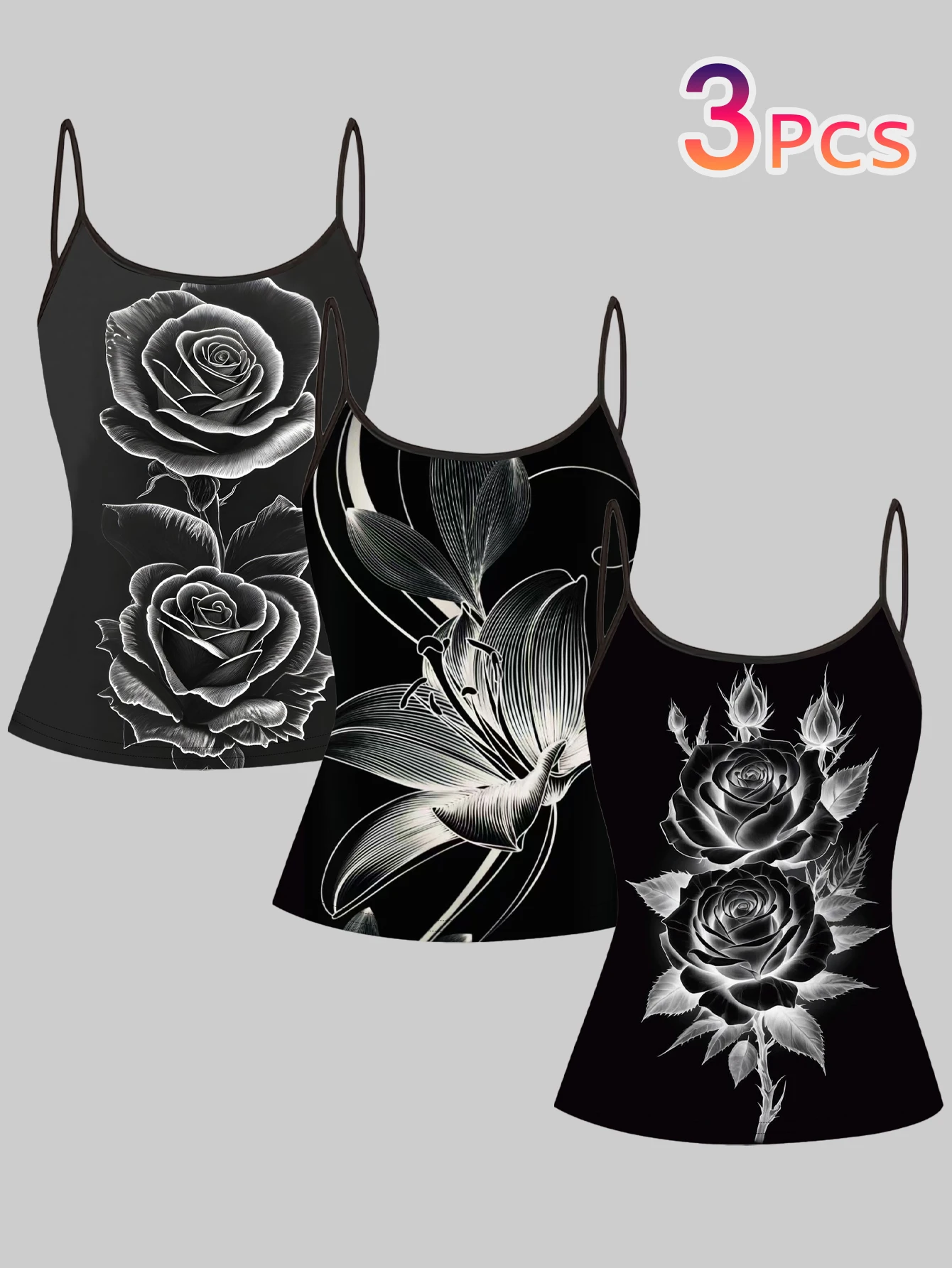 3-Pack Black and White Floral Print Camisole for Women, Dark Retro Rose and Lily Slim-Fit Sleeveless Hot Girl Inner Wear Top