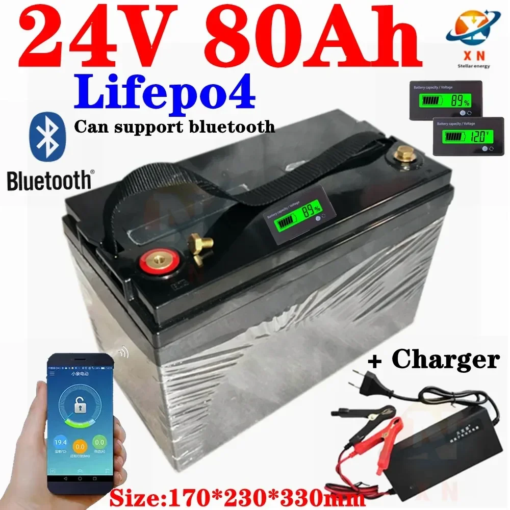 24V 80AH Lifepo4 battery lithium with bluetooth BMS for inverter solar panel scooter backup power boat light +10A Charger