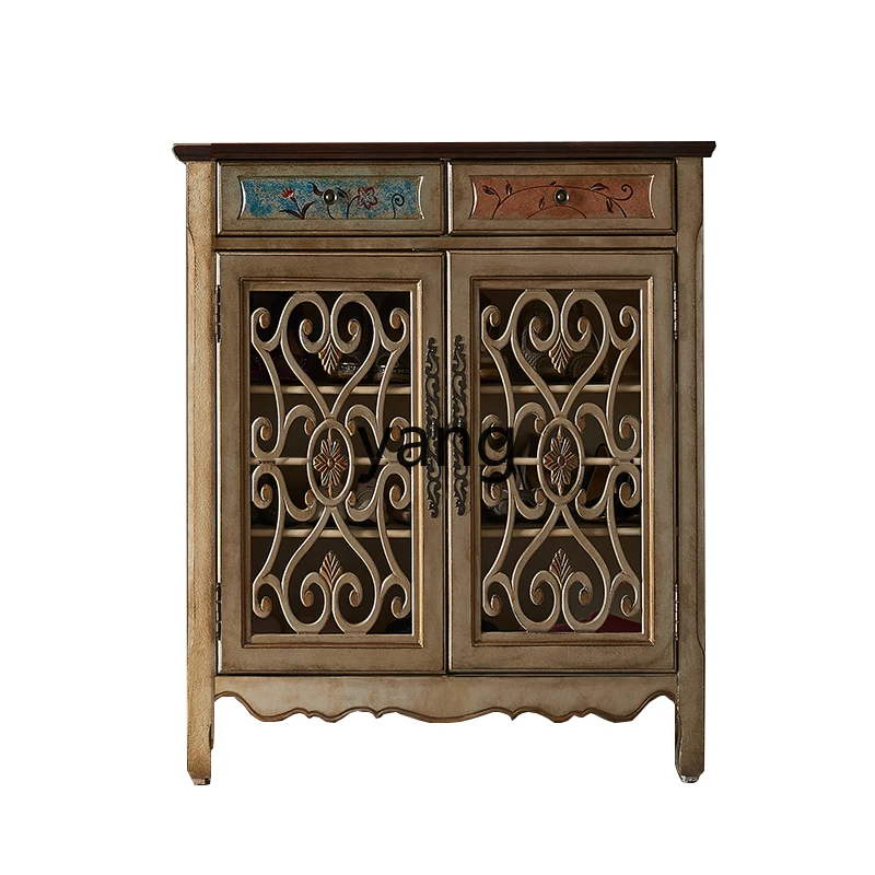 Yjq Painted Capacity 1 M Vintage Solid Wood Hollow Shoe Cabinet Multi-Layer Antique Storage Hallway Dining Edge