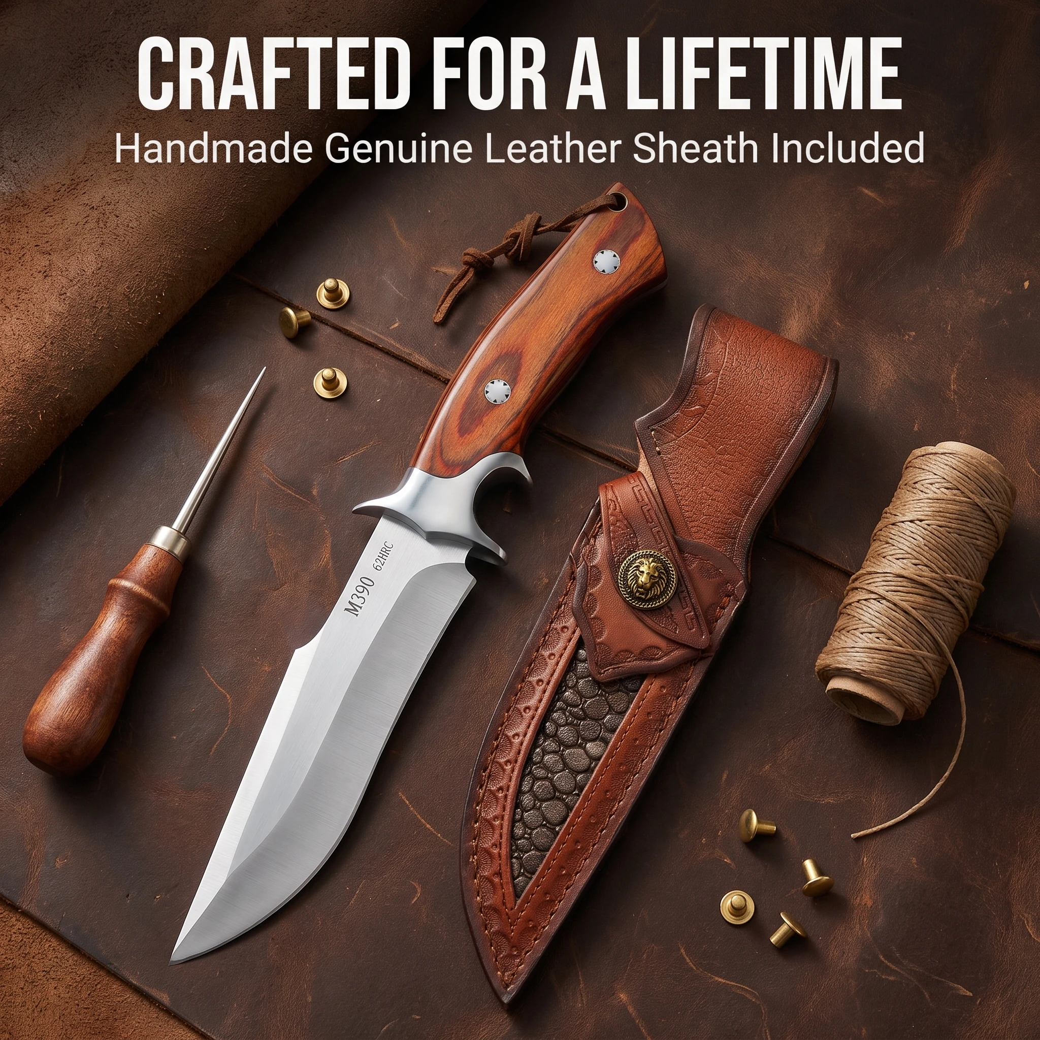 Full Tang Fixed Blade Utility Cutting Tool 5mm Thick Steel Color Wood Handle Handmade Embossed Leather Sheath Premium Gift Box Pack Portable Gear For Camping Barbecue Food Cutting Collection
