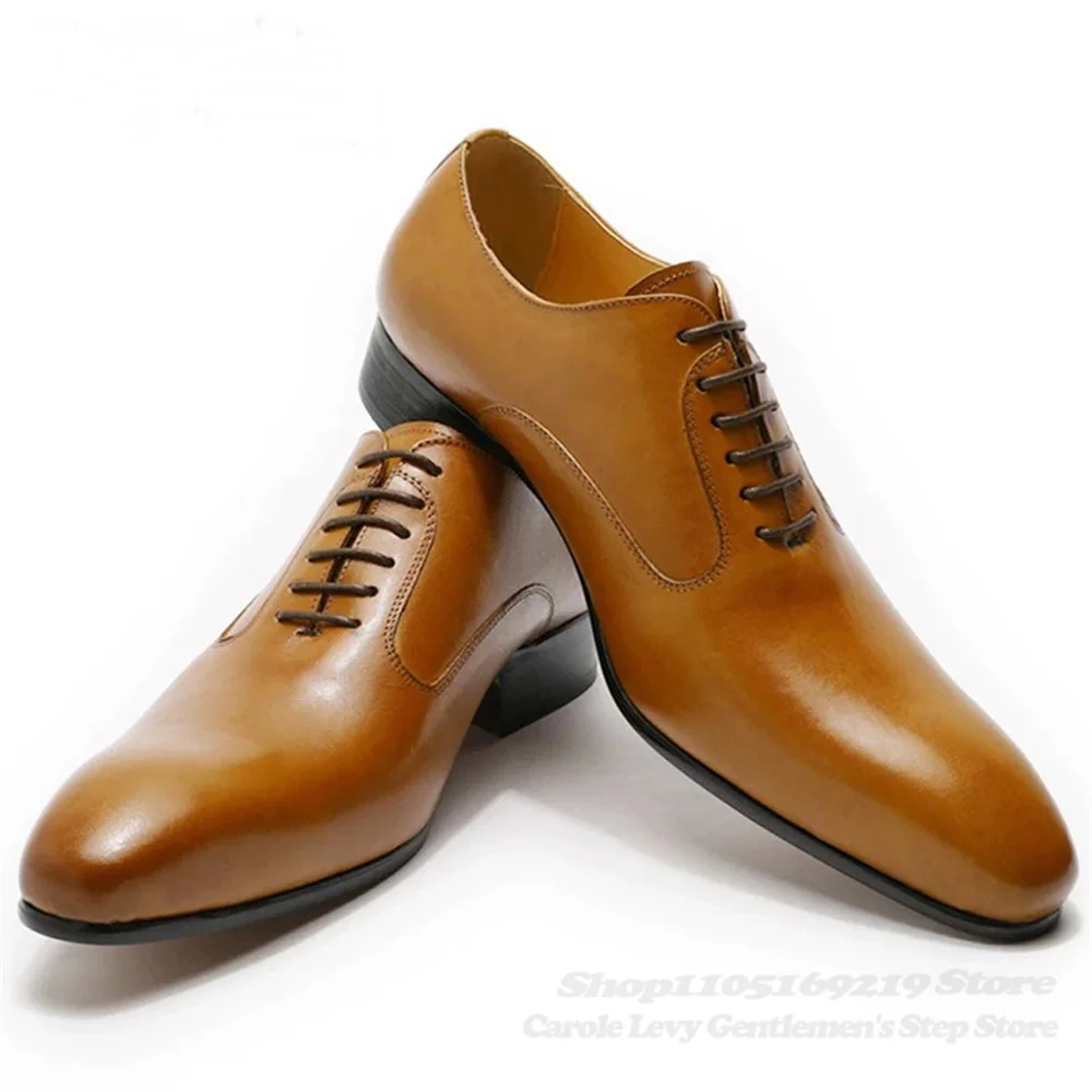 

Luxury Men Oxford Leather Shoes Handmade Pointed Toe Lace-Up Formal Shoes Elegant Male Business Wedding Casual Flat Shoes