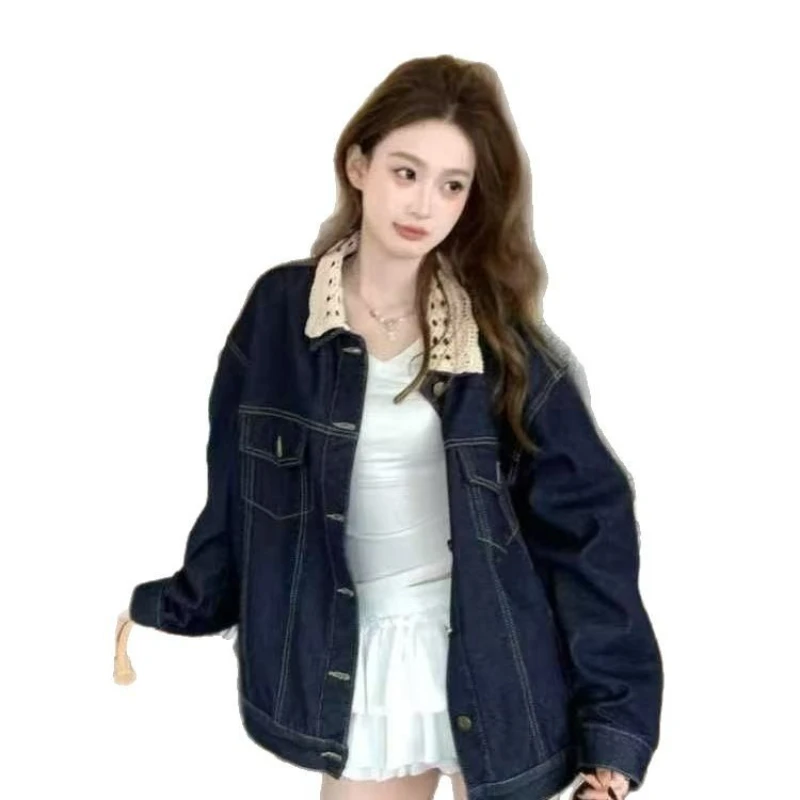 2025 Autumn Top Lace Collar Splicing Retro Feng Shui Wash Warm Cowboy Coat for Women