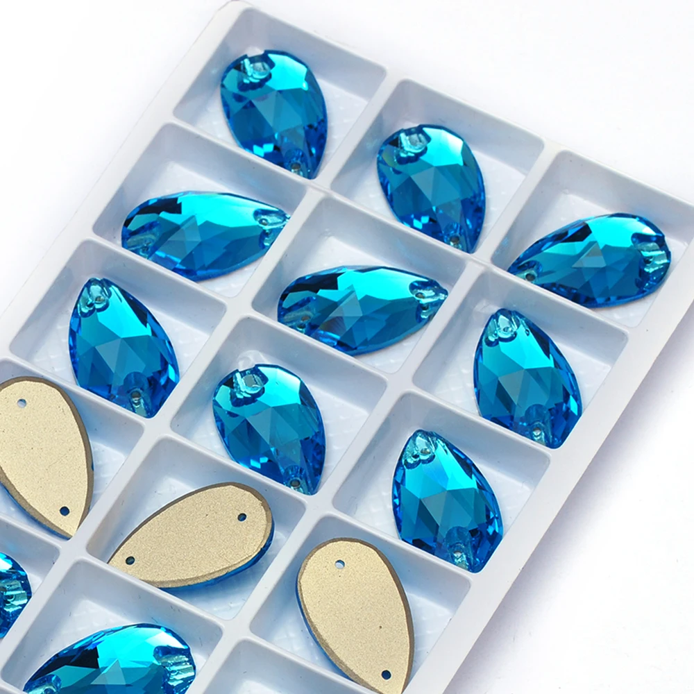 PUBRILE Aquamarin-Glas-Nähsteine Flache Strasssteine DIY Handarbeitsdekorationen Aufnähbare Kristallsteine für Taschen und Kleidung – Detail 8