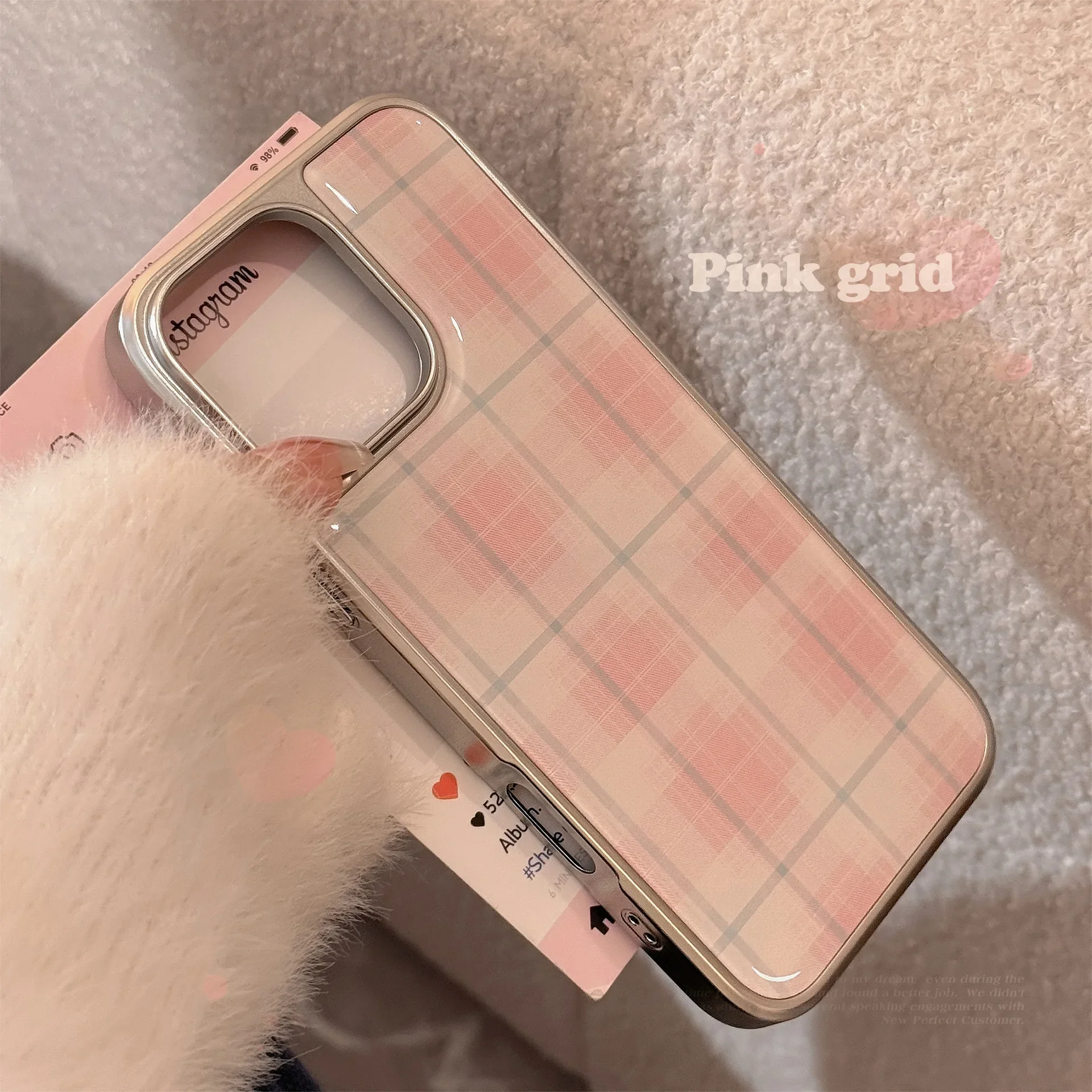 Pink fairy Sweet grid plaid drip glue woman girl glossy Phone case For iPhone 16 15 14 13 Pro Max Case Cute Luxury Plating Cover