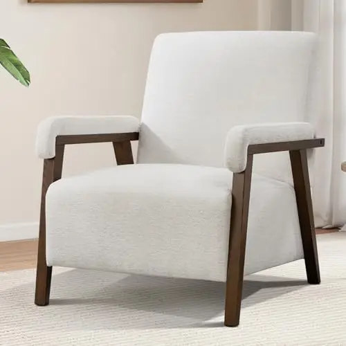 Mid Century Modern Accent Chair, Upholstered Reading Armchair with Solid Wood Frame, Soft Fabric, Easy Assembly Sofa