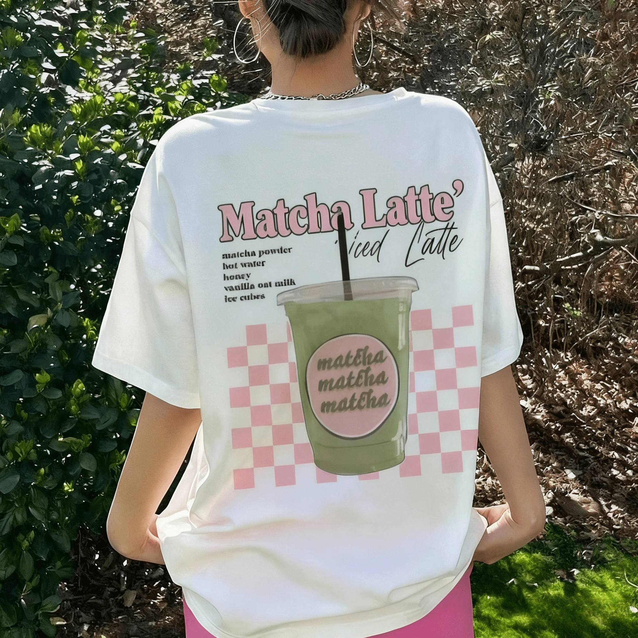 

Cute girl Retro Streetwear Top Matcha Latte Back Print Loose T-Shirt for Women Y2K Aesthetic Casual Autumn and winter innerwear