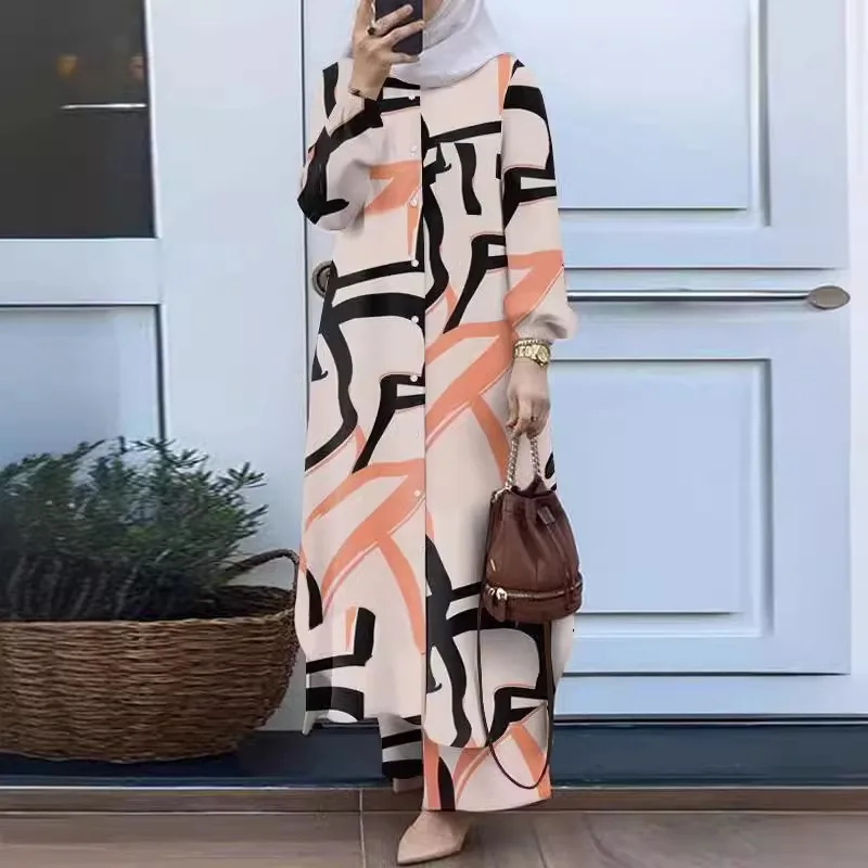 2024 Muslim Women Outfit Floral Print Two Piece Set Vintage Long Shirt Wide Leg Pants