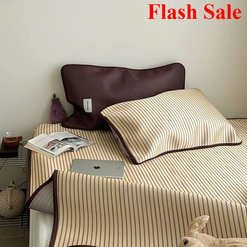 

2025 Flash Sale summer new milk silk ice silk mat 120 * 200 two-piece set 1.5m 1.8m three-piece set, striped mat