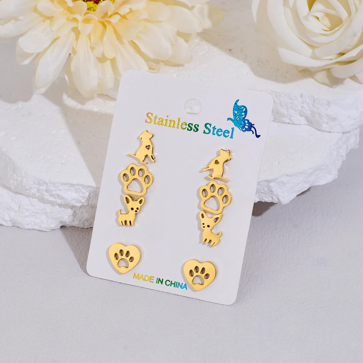 Shuangshuo 4 par/set lindos pendientes de tuerca con huella de mascota para mujeres elegantes pendientes Piercing para niñas regalo de lujo joyería de pata de Animal