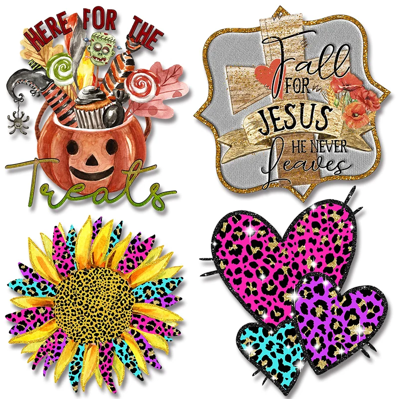 

Love Heart Leopard Sunflowers Heat Vinyl Ironing Stickers Decor Washable Iron-on Transfers Patches for Kids Clothing Jacket
