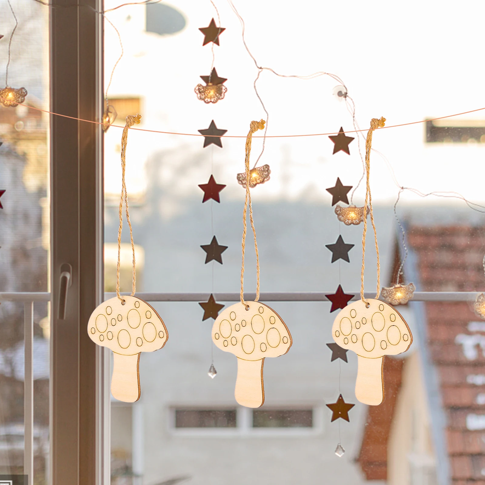 

10pcs Wooden Mushroom Cutout Hanging Decor Unfinished Wood Slices For Diy Craft Wedding Party Gift Tags Natural Jute Twine