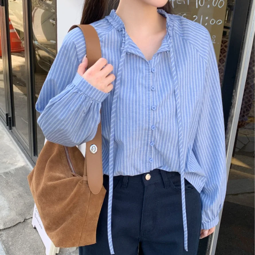 

Весна 2026: Новая женская свободная рубашка с длинным рукавом в корейском стиле, приталенная, в полоску, с воротником-рюшами, тай-дай, модный топ из хлопка и полиэстера