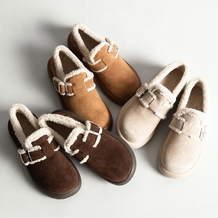 

High quality autumn and winter new retro bean soft sole furry comfortable boots brown lazy sneakers