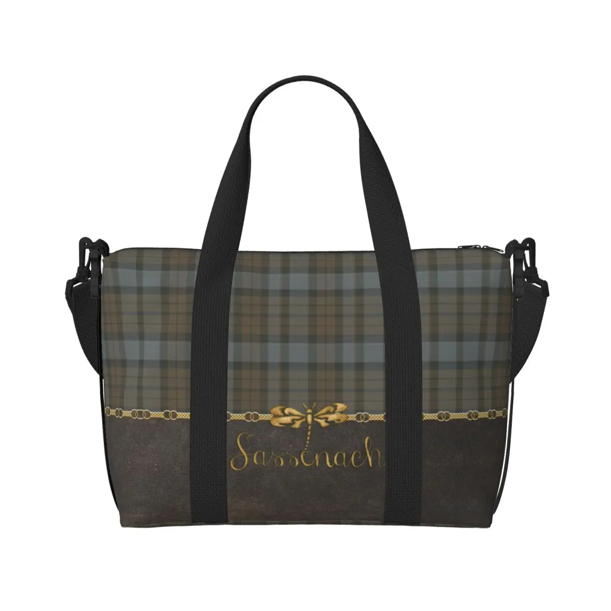 Custom Leather And Tartan Sassenach Dragonfly Pattern Tote Bag Large Capacity Modern Plaid Check Texture Gym Beach Travel Bags