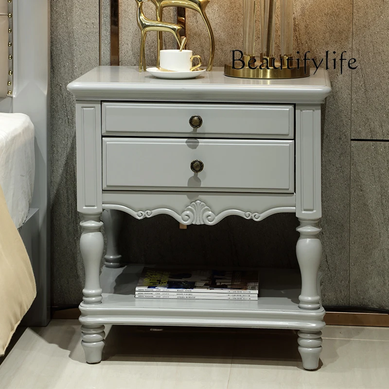 American Light Luxury Solid Wood Bedside Cabinet French Minimalist Bedside Cabinet Korean Country Double Drawer Corner Table