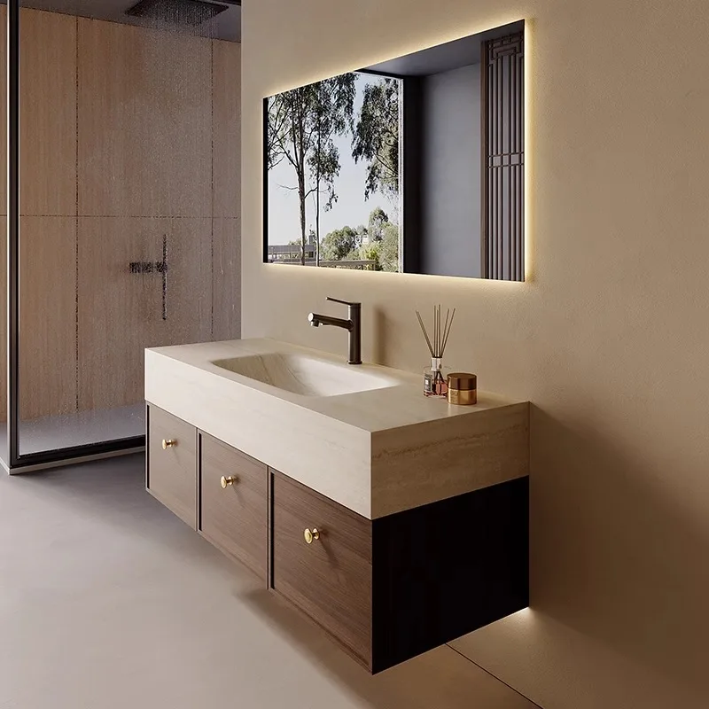 Medieval style rock slab hot bending integrated basin bathroom cabinet combination bathroom hand washbasin intelligent storage s