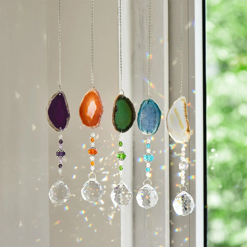 1pc Suncatcher Hanging Crystal Ball with Agate Slice Wind Chime Ornament Window Garden Decor Home Decor