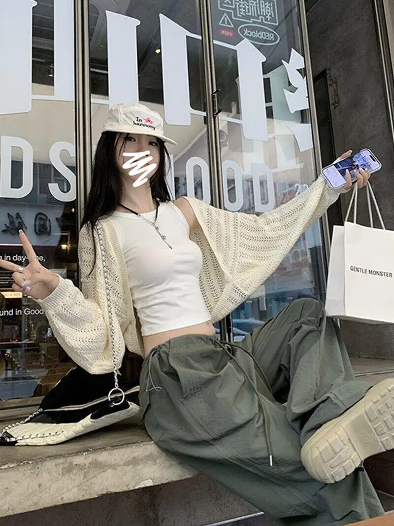 Sun Protection Batwing Sleeve Knitted Ice Silk Open Cardigan Women's Summer Strap Outer Shawl Thin Film Shoulder Jacket