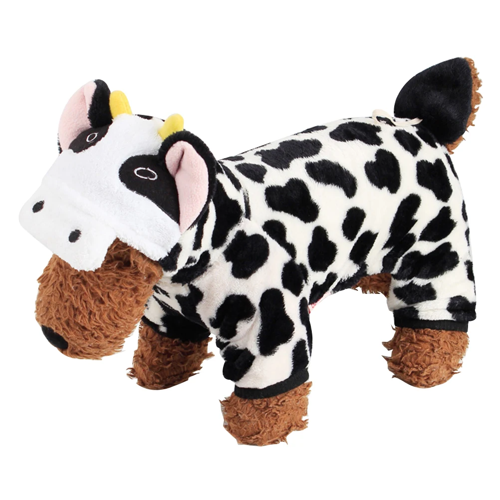 

Cow Style Dog Costume Small Size Coral Fleece Hoodie Four Feet Puppy Clothing Warm Pet Jumpsuits Breathable Dog Cow Costume