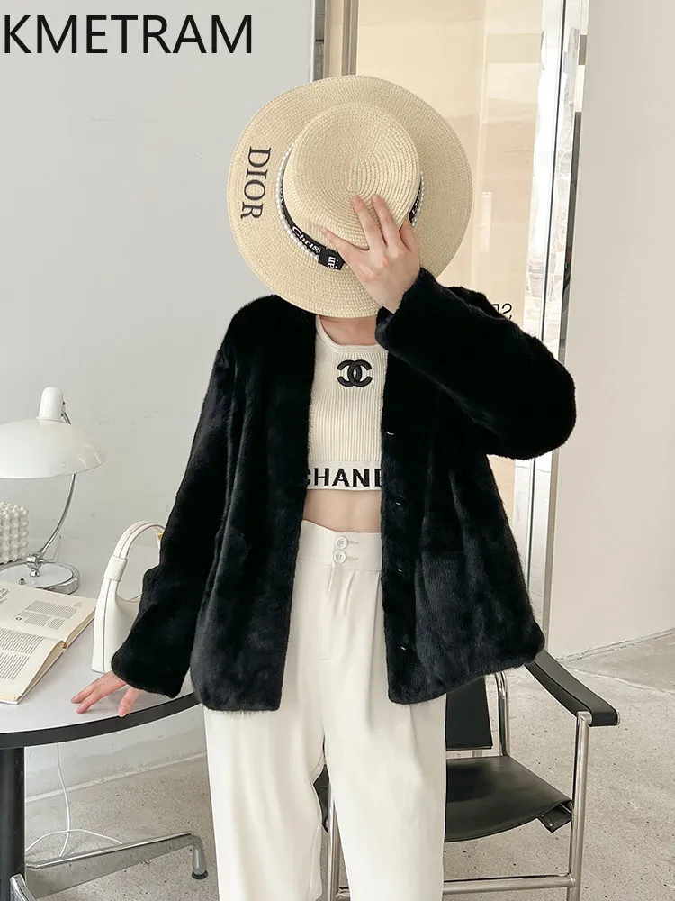 KMETRAM 100% 天然ミンク毛皮ジャケット女性用 V ネックショートリアルミンク毛皮コート冬アウターウェア女性服 2026 шуба