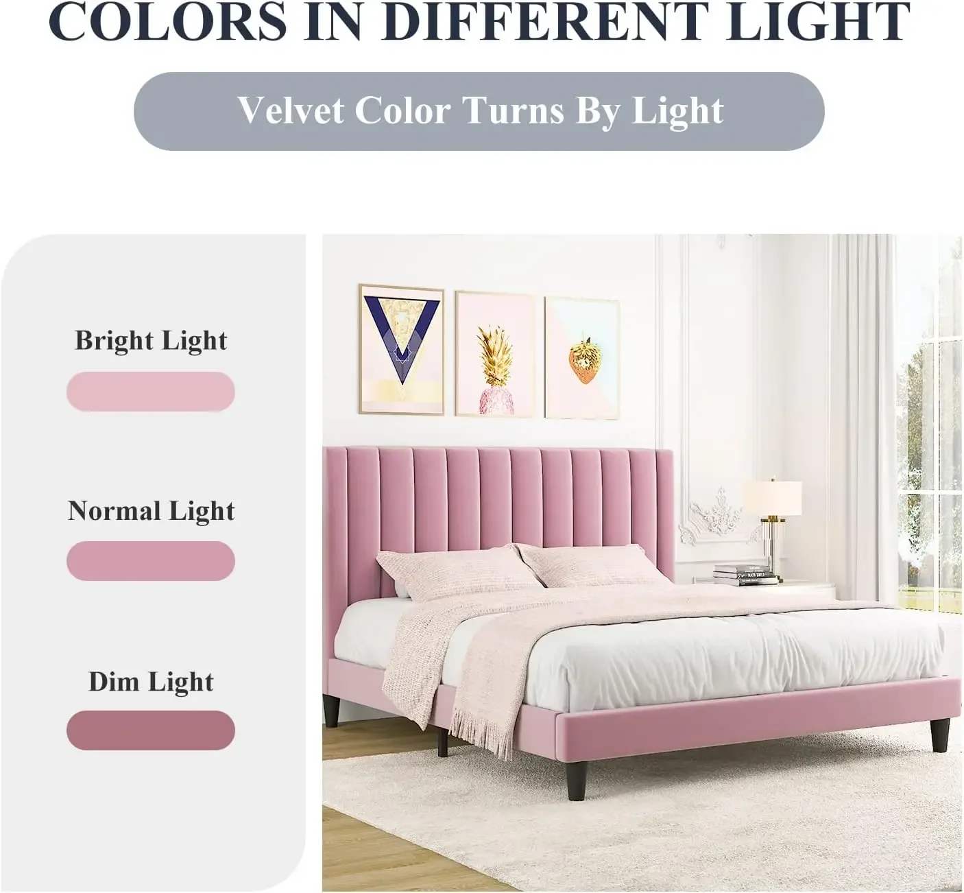 Pink King Velvet Upholstered Bed Frame with Vertical Channel Tufted Headboard/Strong Wooden Slats/Platform Bed Frame